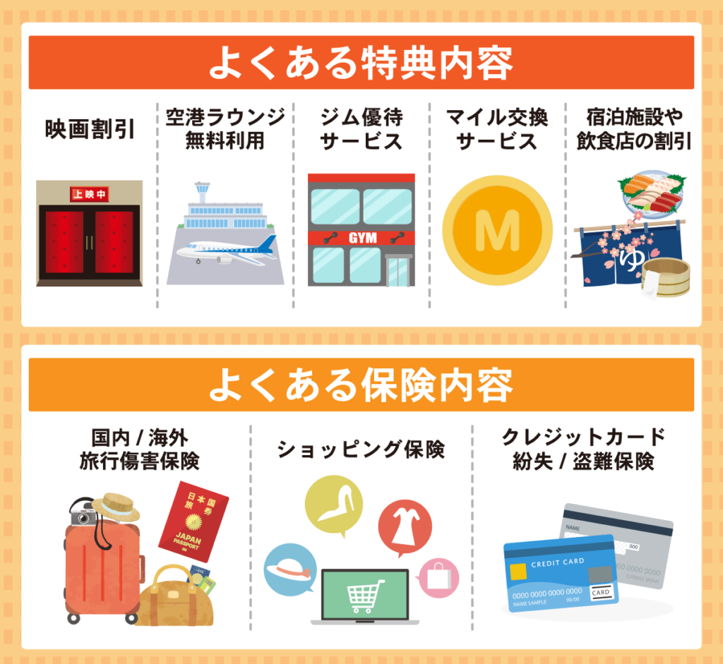 必ず審査が通るクレジットカードでよくある特典・保険一覧